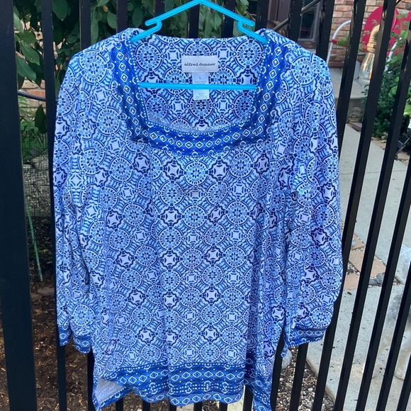 Alfred Dunner Blue and White Geometric Blouse - Picture 1 of 6